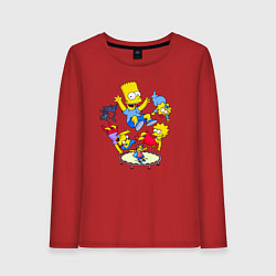 Лонгслив хлопковый женский Персонажи из мультфильма Симпсоны прыгают на батут, цвет: красный