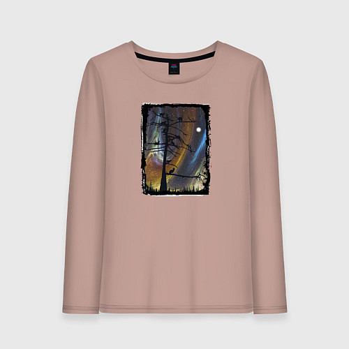 Женский лонгслив Кошки на дереве и северное сияние / Пыльно-розовый – фото 1