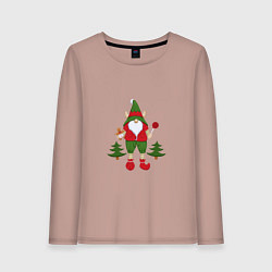 Лонгслив хлопковый женский Новогодний гном Рождество, цвет: пыльно-розовый