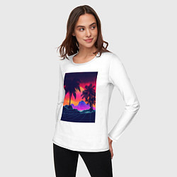 Лонгслив хлопковый женский Синтвейв пляж и пальмы, цвет: белый — фото 2