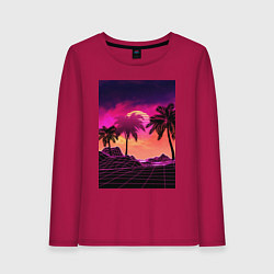 Лонгслив хлопковый женский Пальмы и пляж в розовом закате, цвет: маджента