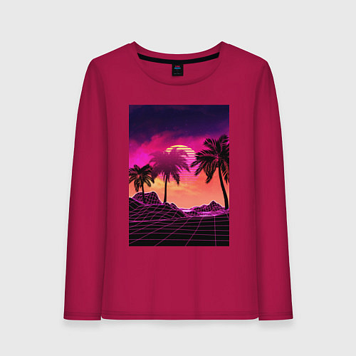 Женский лонгслив Пальмы и пляж в розовом закате / Маджента – фото 1