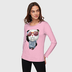 Лонгслив хлопковый женский Прикольный пандёныш в темных очках и наушниках, цвет: светло-розовый — фото 2