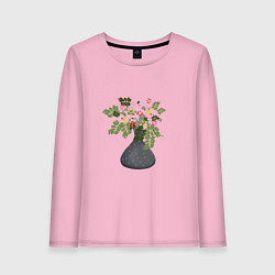 Лонгслив хлопковый женский Букет цветов в серой вазе, цвет: светло-розовый