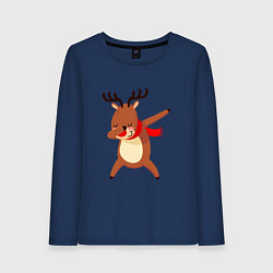 Лонгслив хлопковый женский Новогодний олень дэб, цвет: тёмно-синий