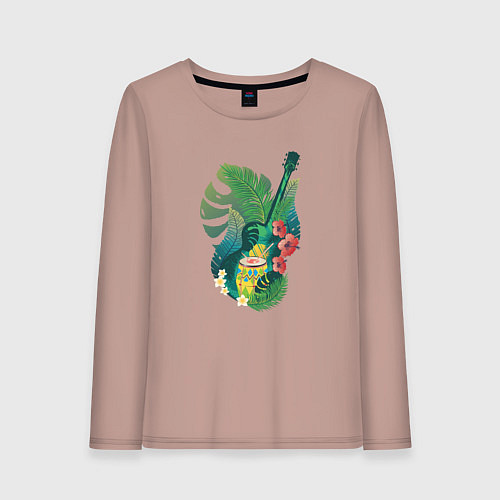 Женский лонгслив Ретро акустическая гитара с барабаном и тропически / Пыльно-розовый – фото 1