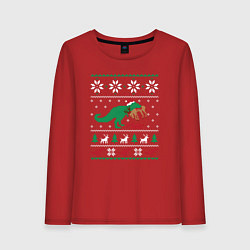 Лонгслив хлопковый женский Новогодний тирекс - ugly sweater, цвет: красный