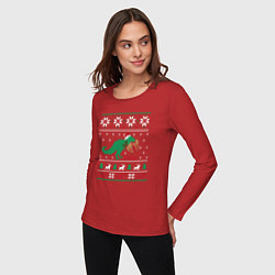 Лонгслив хлопковый женский Новогодний тирекс - ugly sweater, цвет: красный — фото 2