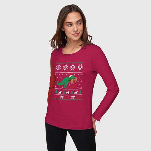 Женский лонгслив Новогодний тирекс - ugly sweater / Маджента – фото 3