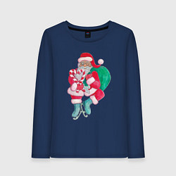 Лонгслив хлопковый женский Санта Клаус с мешком подарков на коньках, цвет: тёмно-синий