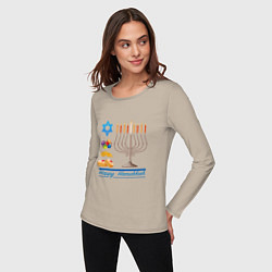 Лонгслив хлопковый женский Happy Hanukkah, цвет: миндальный — фото 2