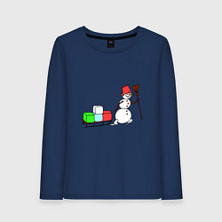 Лонгслив хлопковый женский Снеговик с подарками, цвет: тёмно-синий
