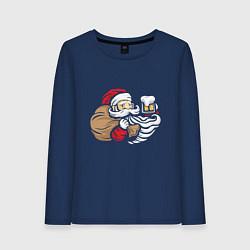 Лонгслив хлопковый женский Санта с пивком, цвет: тёмно-синий