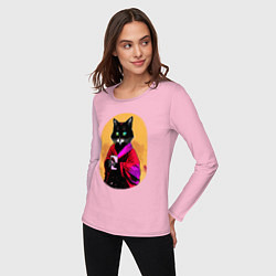 Лонгслив хлопковый женский Бомбейская черная кошка с телефоном в лапках, цвет: светло-розовый — фото 2