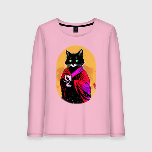 Женский лонгслив Бомбейская черная кошка с телефоном в лапках / Светло-розовый – фото 1