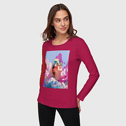 Лонгслив хлопковый женский Весенняя девушка в цветах, цвет: маджента — фото 2