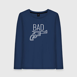 Лонгслив хлопковый женский Bad надпись с револьвером, цвет: тёмно-синий