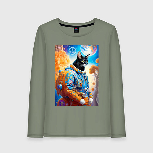 Женский лонгслив Котяра крутой космонавт - нейросеть / Авокадо – фото 1