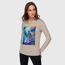 Лонгслив хлопковый женский Cyber shark - ocean and space - art, цвет: миндальный — фото 2