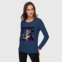 Лонгслив хлопковый женский Котик Винсент ван Гог, цвет: тёмно-синий — фото 2