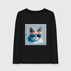 Лонгслив хлопковый женский Цифровой кот в темных очках, цвет: черный