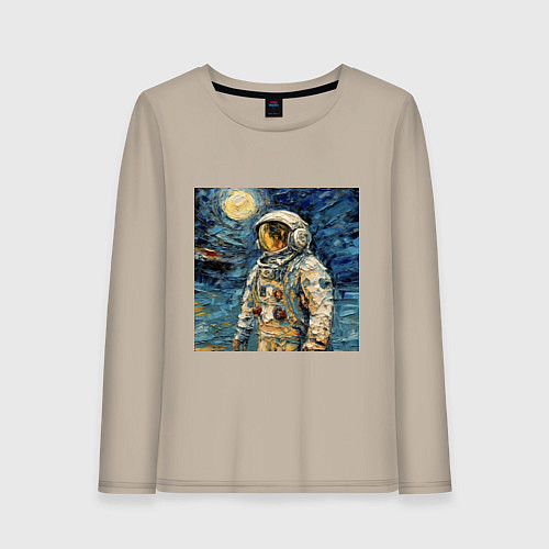 Женский лонгслив Космонавт на луне в стиле Ван Гог / Миндальный – фото 1