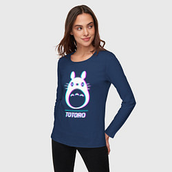 Лонгслив хлопковый женский Символ Totoro в стиле glitch, цвет: тёмно-синий — фото 2