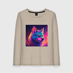 Лонгслив хлопковый женский Волк в неоновом свете, цвет: миндальный