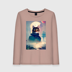 Лонгслив хлопковый женский Кот мореход - нейросеть, цвет: пыльно-розовый