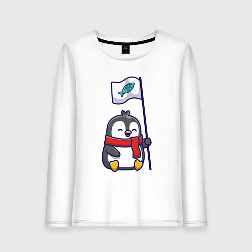 Женский лонгслив Пингвин с рыбным флажком / Белый – фото 1