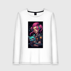 Лонгслив хлопковый женский Jinx with cat art League of Legends, цвет: белый