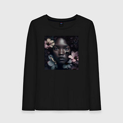 Лонгслив хлопковый женский Девушка в чёрных матовых цветах - нейросеть, цвет: черный