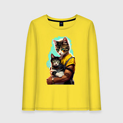 Лонгслив хлопковый женский Кот с котёнком - нейросеть, цвет: желтый