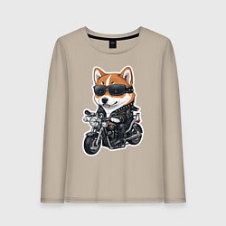 Лонгслив хлопковый женский Shiba Inu собака мотоциклист, цвет: миндальный