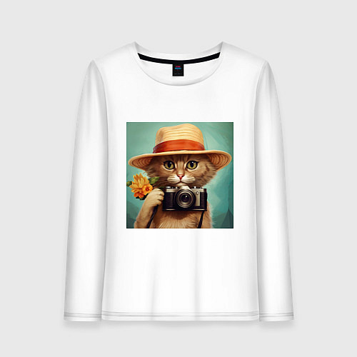 Женский лонгслив Кот в соломенной шляпе с фотоаппаратом / Белый – фото 1