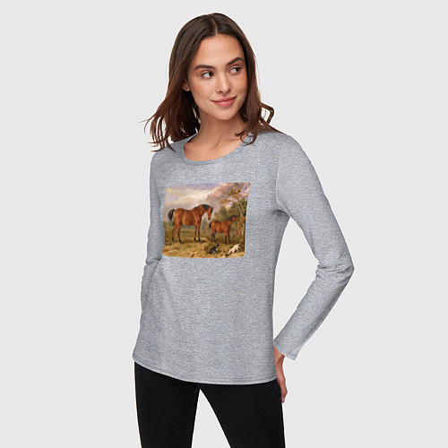 Женский лонгслив Две лошади и две собаки / Меланж – фото 3