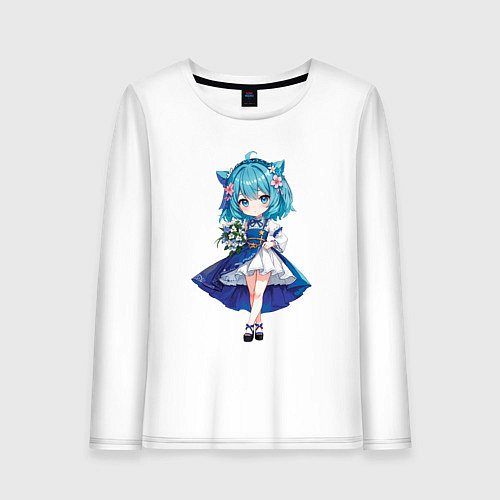 Женский лонгслив Аниме девушка-кошка в синем платье с букетом цвето / Белый – фото 1