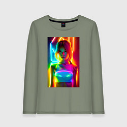 Лонгслив хлопковый женский Japanese girl - neon glow - neural network, цвет: авокадо