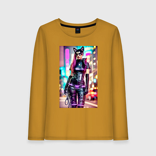 Женский лонгслив Cyberpunk - cat girl - neural network / Горчичный – фото 1