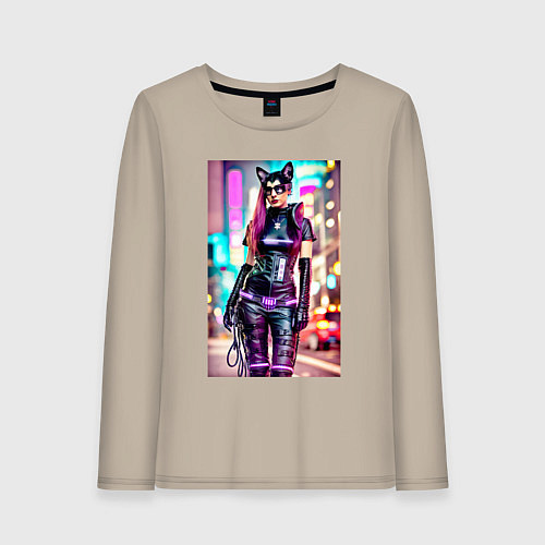 Женский лонгслив Cyberpunk - cat girl - neural network / Миндальный – фото 1