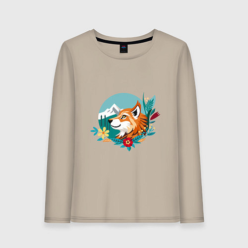 Женский лонгслив Лиса и горы среди цветов / Миндальный – фото 1