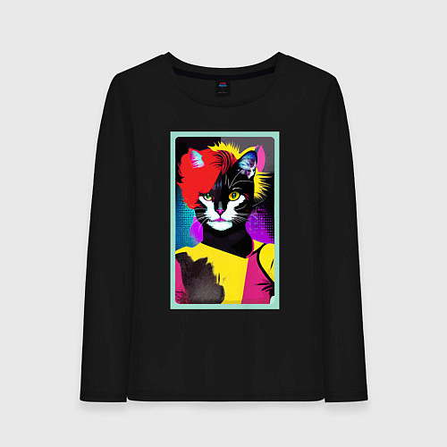 Женский лонгслив Lady cat - pop art - neural network / Черный – фото 1