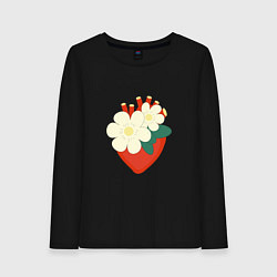 Лонгслив хлопковый женский Анатомическое сердце в цветах и листьях, цвет: черный