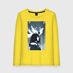 Лонгслив хлопковый женский Девушка под защитой волка - нейросеть - аниме, цвет: желтый