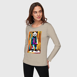 Лонгслив хлопковый женский Funny panda - pop art, цвет: миндальный — фото 2