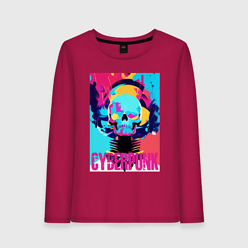 Женский лонгслив Cool skull - cyberpunk - pop art / Маджента – фото 1