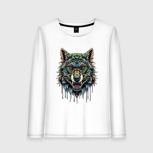 Женский лонгслив Разноцветная голова волка / Белый – фото 1