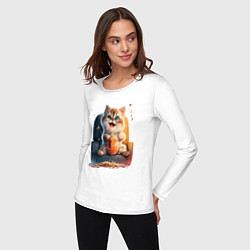 Лонгслив хлопковый женский Веселый котик с попкорном, цвет: белый — фото 2