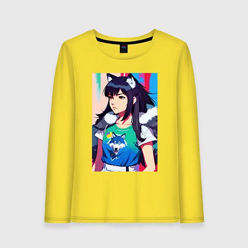Женский лонгслив Девчонка-волчонок - фурри - аниме / Желтый – фото 1