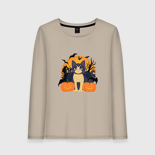 Женский лонгслив Хэллоуин и кот / Миндальный – фото 1